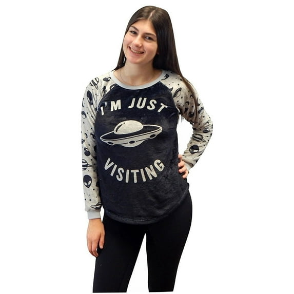 Adult Women Woobie Microfiber Minky Plush Sweatshirt Pullover Top (Size Small, Space I'm Just Visiting)