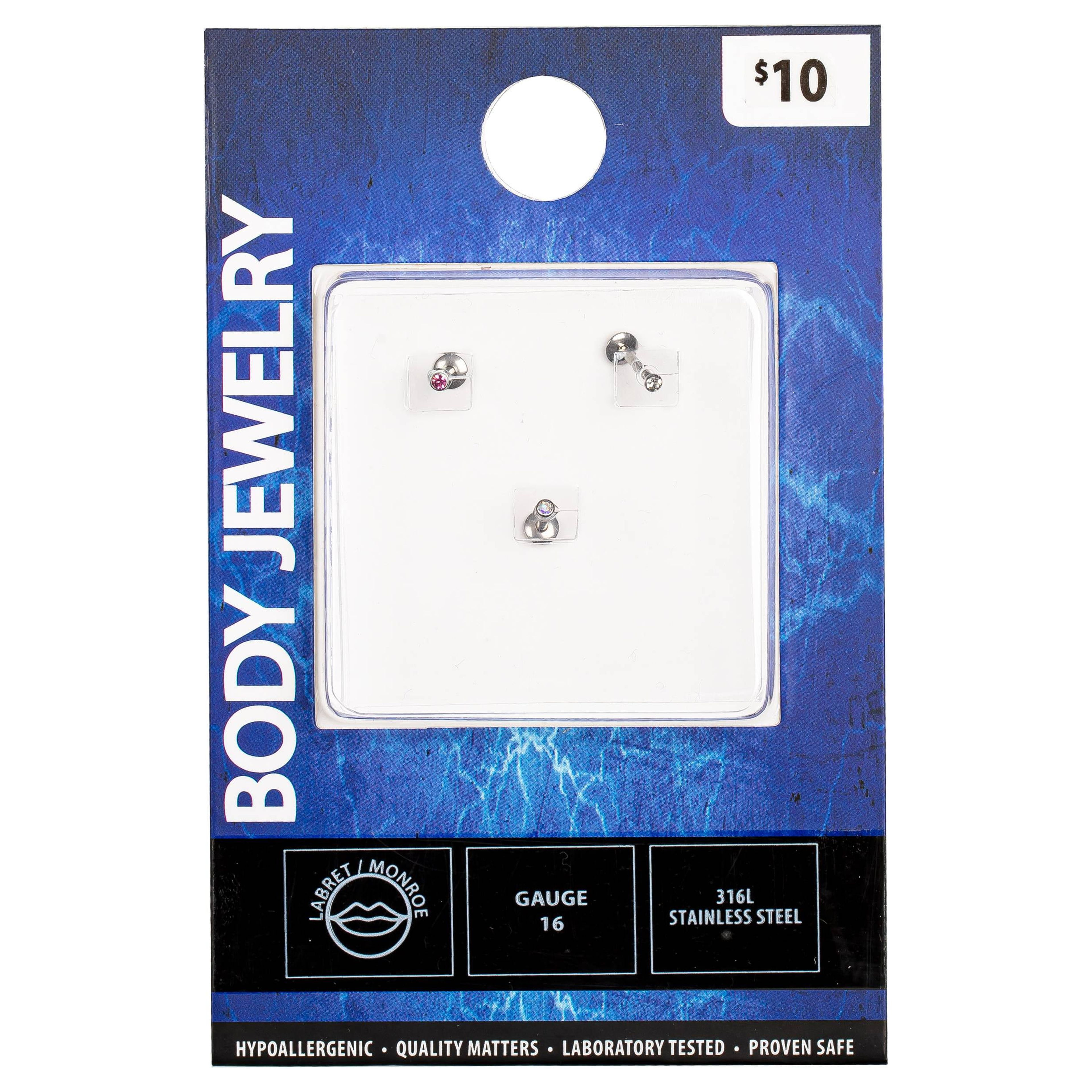 Body Jewelry Women s 16 Gauge Stainless Steel Assorted Crystal Labret Monroe 3 Pack Walmart