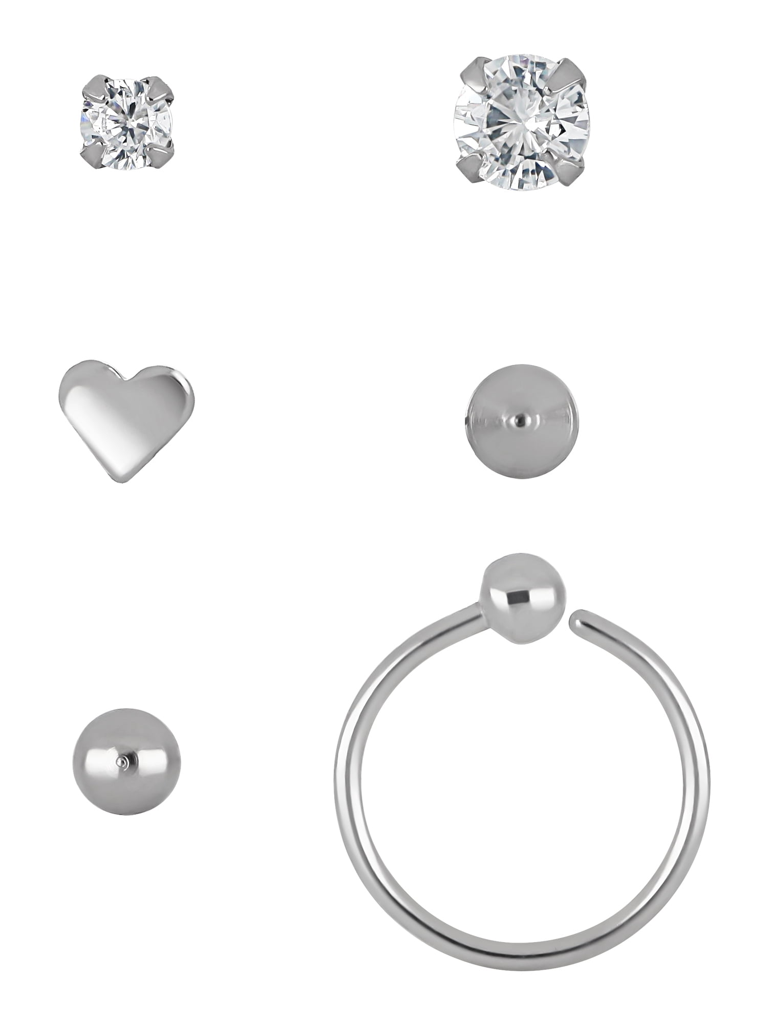 Adult Women's 22-Gauge Stainless Steel & Crystal Multi Shape Nose Piercing Jewelry 6 Pack