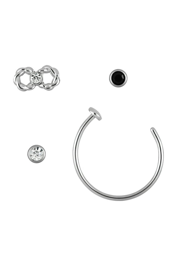 Adult Women's Body Jewelry 22 Gauge Multi Shape Stainless Steel & Crystal Nose Ring, 4 Pack