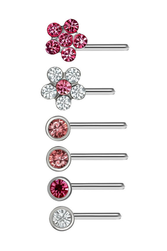 Adult Women's Body Jewelry Stainless Steel 22G Multicolor Flower Stud Nose Rings, 6 Pack