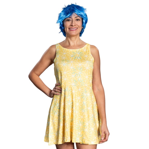 Adult Women’s Cartoon Character Cosplay Yellow Dress and Blue Wig Complete Halloween Costume Set