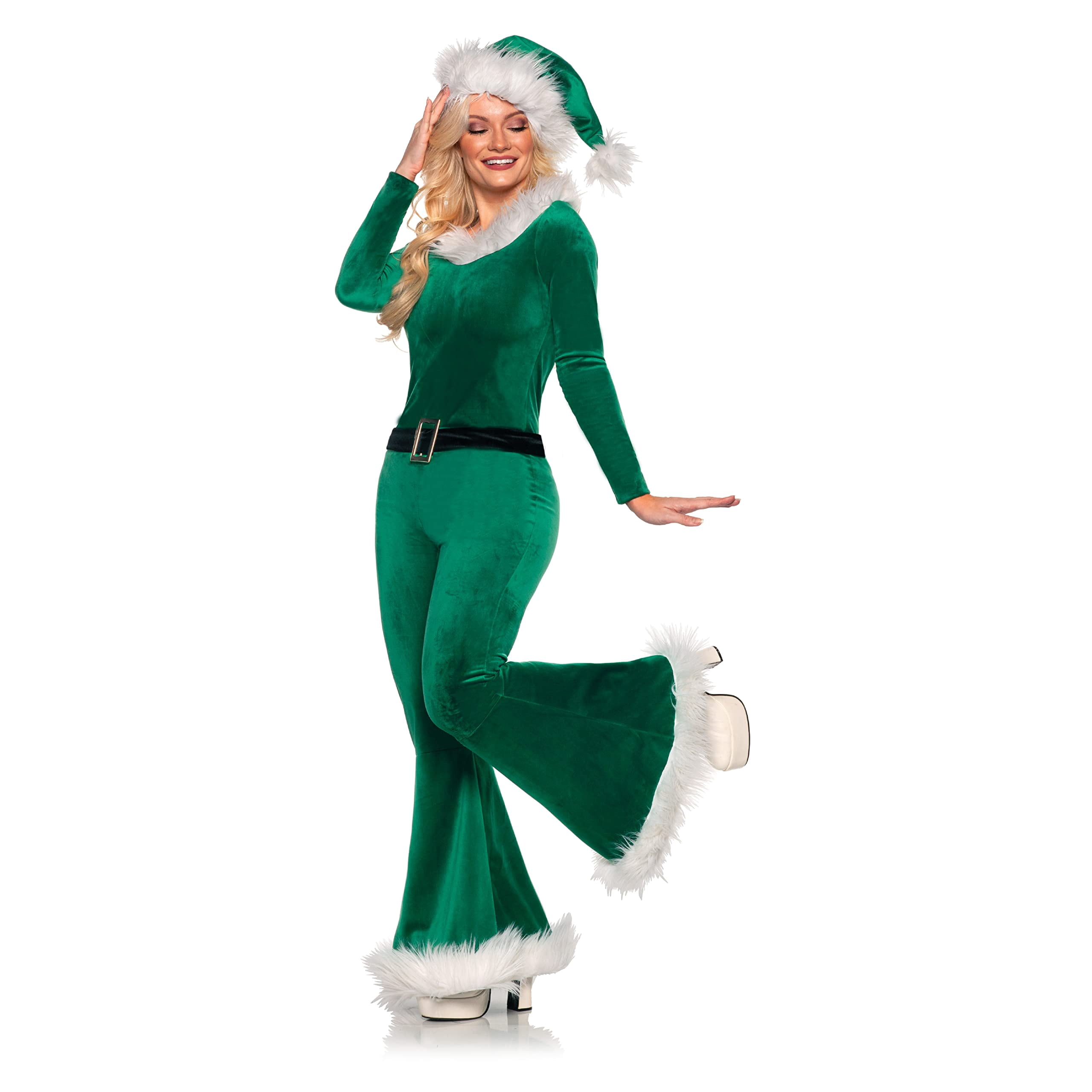 UNDERWRAPS Holiday Bell Bottom Jumpsuits - Sexy Santa & Elf Velvet Jumpsuits, Women's Jingle Sexy Christmas Holiday Disco Jumpsuit with Faux Fur, Large (12-14)