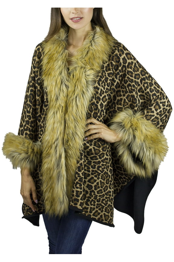 Adult Women's Leopard Print Double Face Fleece Duster with Faux Fur Trim and Cuffs