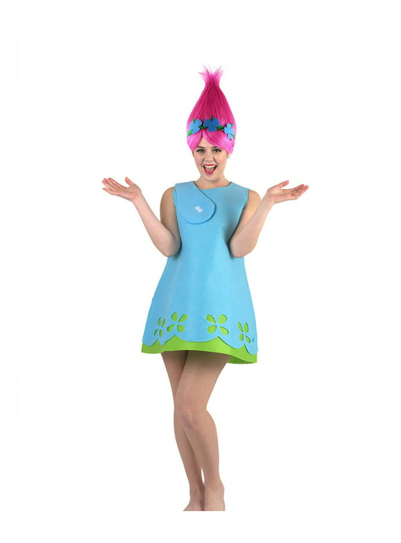 Adult Women's Magical Troll Princess Costume, Blue Felt A-line Dress with Green Eyelet , Trolls Poppy Costume