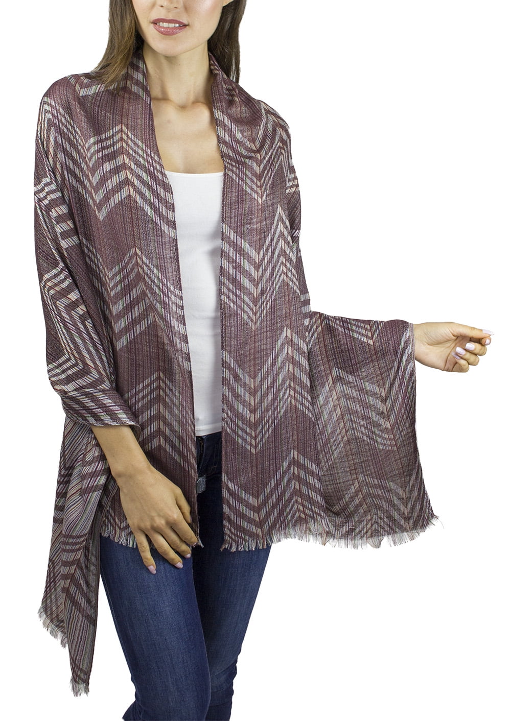 Adult Women's Multicolor Chevron Shawl with Frayed Edges