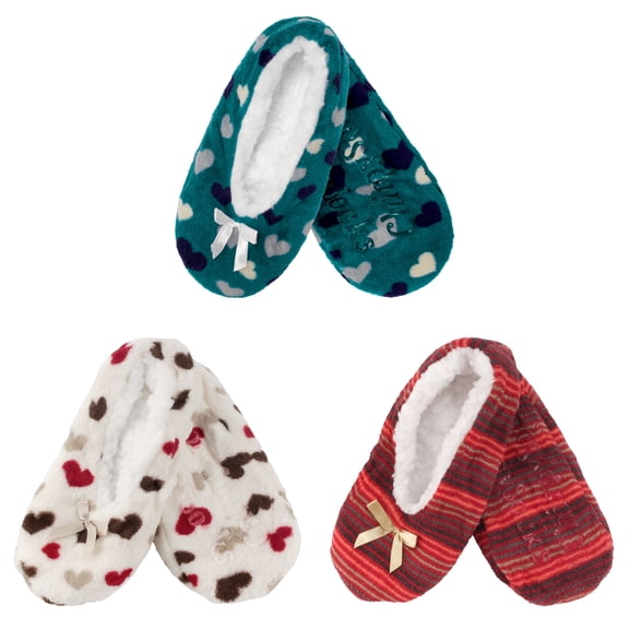 BambooMN Women's Heart Stripes Slippers Non-Slip Grips - Asst K - Large - 3 Pairs
