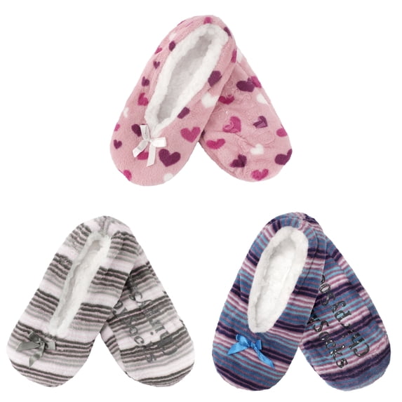 BambooMN Women's Heart Stripes Slippers Non-Slip Grips - Asst L - Extra Large - 3 Pairs