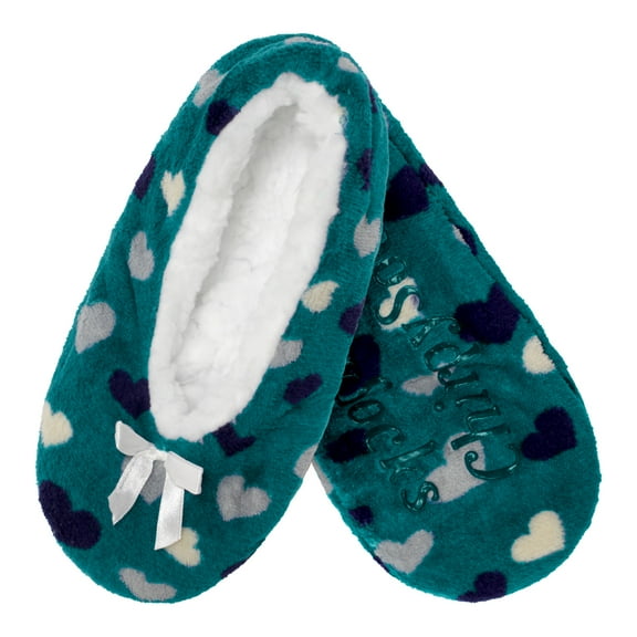 Adult Women's Soft Fuzzy Furry Home Non-Slip Lined Slipper Socks, Travel Indoor House Slippers, Blue Hearts, Large, 1 Pair