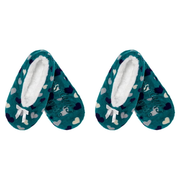 BambooMN Women's Heart Stripes Slippers Non-Slip Grips - Blue Hearts - Large -2 Pairs