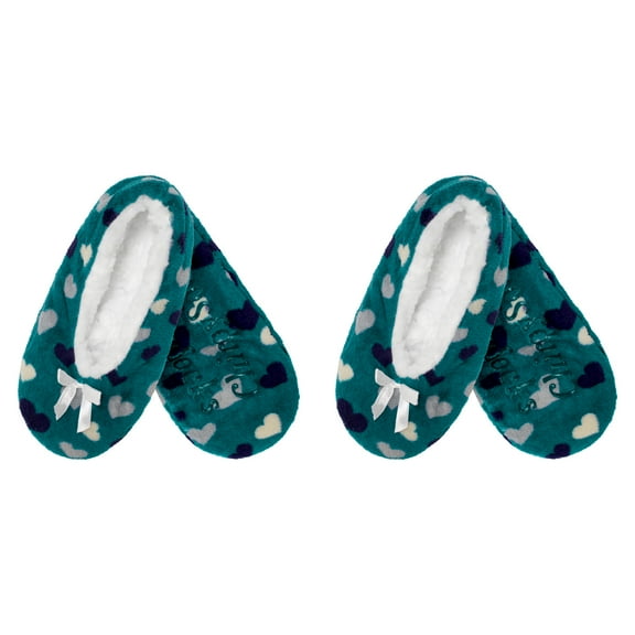 Adult Women's Soft Fuzzy Furry Home Non-Slip Lined Slipper Socks, Travel Indoor House Slippers, Blue Hearts, Large, 2 Pairs
