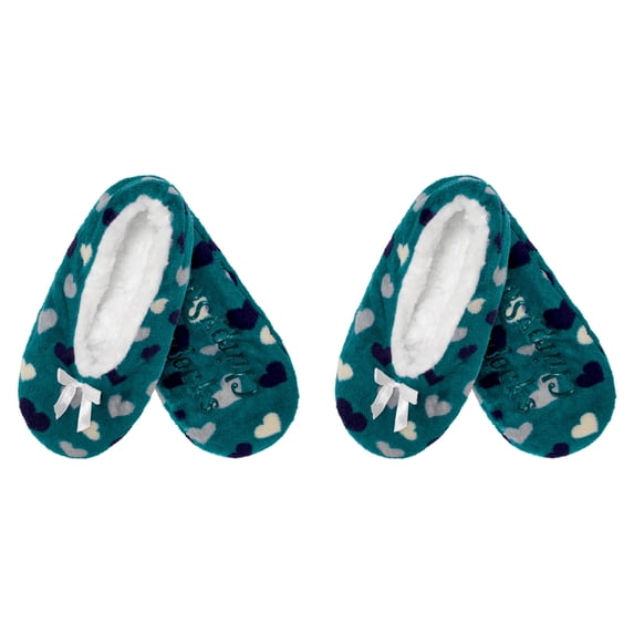 BambooMN Women's Heart Stripes Slippers Non-Slip Grips - Blue Hearts - Small -2 Pairs