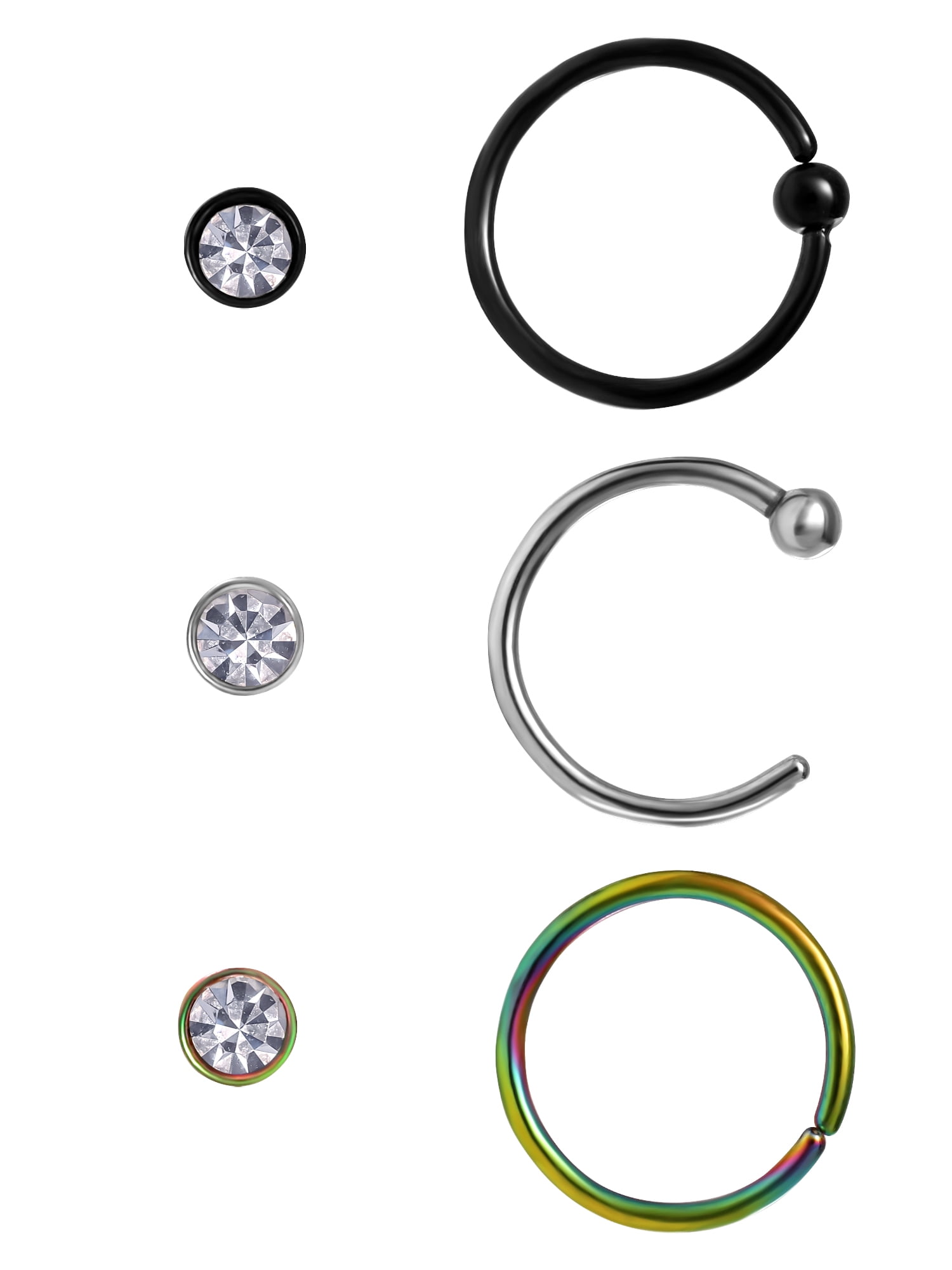 Body Jewelry Adult Women's Stainless Steel 316L 20G Crystal Nose and Hoop Set, 6 Pack