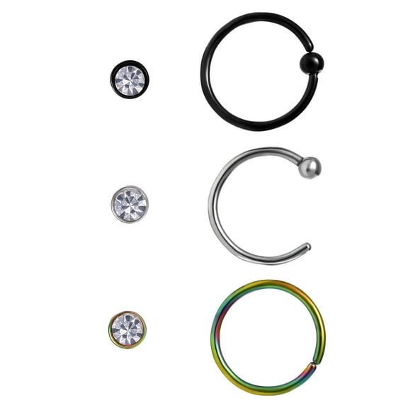 Body Jewelry Adult Women's Stainless Steel 316L 20G Crystal Nose and Hoop Set, 6 Pack