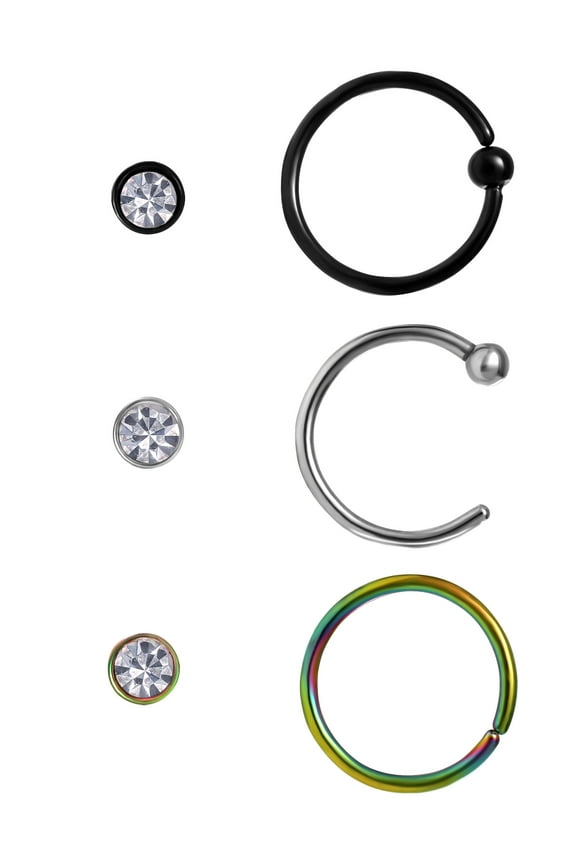 Adult Women's Stainless Steel 316L 20G Crystal Nose and Hoop Set, 6 Pack