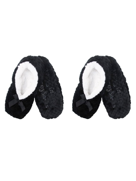 Adult Women's Super Soft Warm Cozy Fuzzy Furry Slippers Non-Slip Lined Socks - Large - Black - 2 Pairs