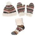 thumbnail image 1 of BambooMN Adult Women's Super Soft Warm Fuzzy Cozy Winter Socks, Beanie Pom Pom Hat and Mittens Set - 1 Set Brown Design, 1 of 6