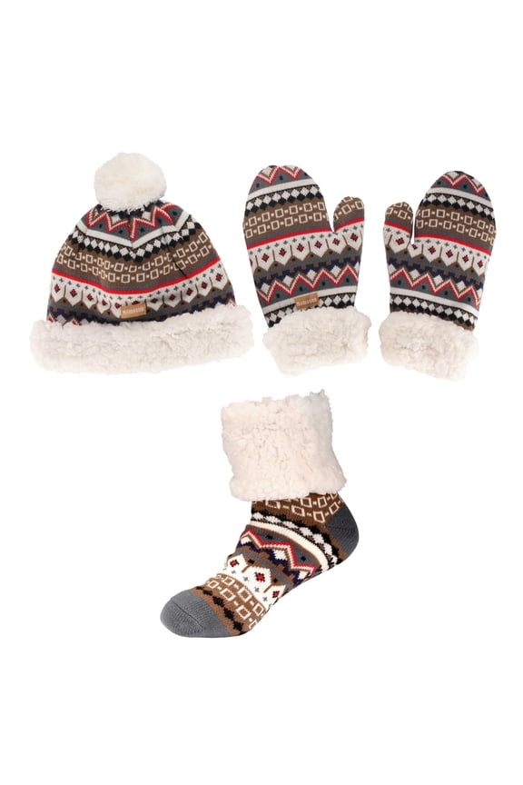 Adult Women's Super Soft Warm Fuzzy Cozy Winter Socks, Beanie Pom Pom Hat and Mittens Set - 1 Set Brown Design