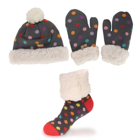 BambooMN Adult Women's Super Soft Warm Fuzzy Cozy Winter Socks, Beanie Pom Pom Hat and Mittens Set - 1 Set Rainbow Dots