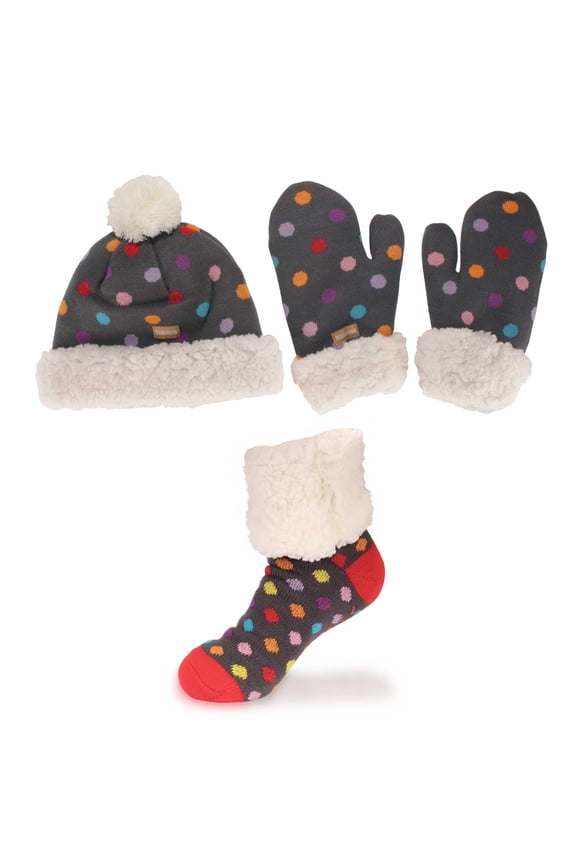 Adult Women's Super Soft Warm Fuzzy Cozy Winter Socks, Beanie Pom Pom Hat and Mittens Set - 1 Set Rainbow Dots