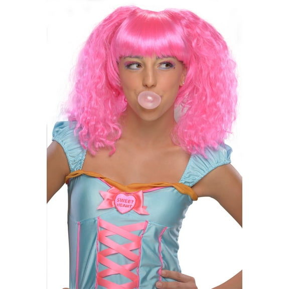 Adult Womens Pink Nicki Minaj Bubble Gum Clown Team Spirit Curly Wig