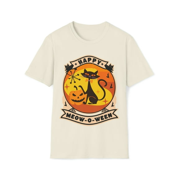 Adult Womens Retro Groovy Happy Meow-o-ween Black Cat Halloween T-Shirt