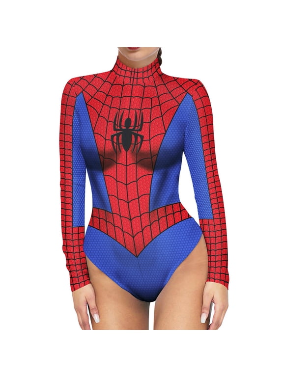 Adult Womens Stretch Cosplay Bodysuit with Realistic Armor Print, Long Sleeve Tight Hero Costume for Halloween Party & Stage Performance, Light Blue, S