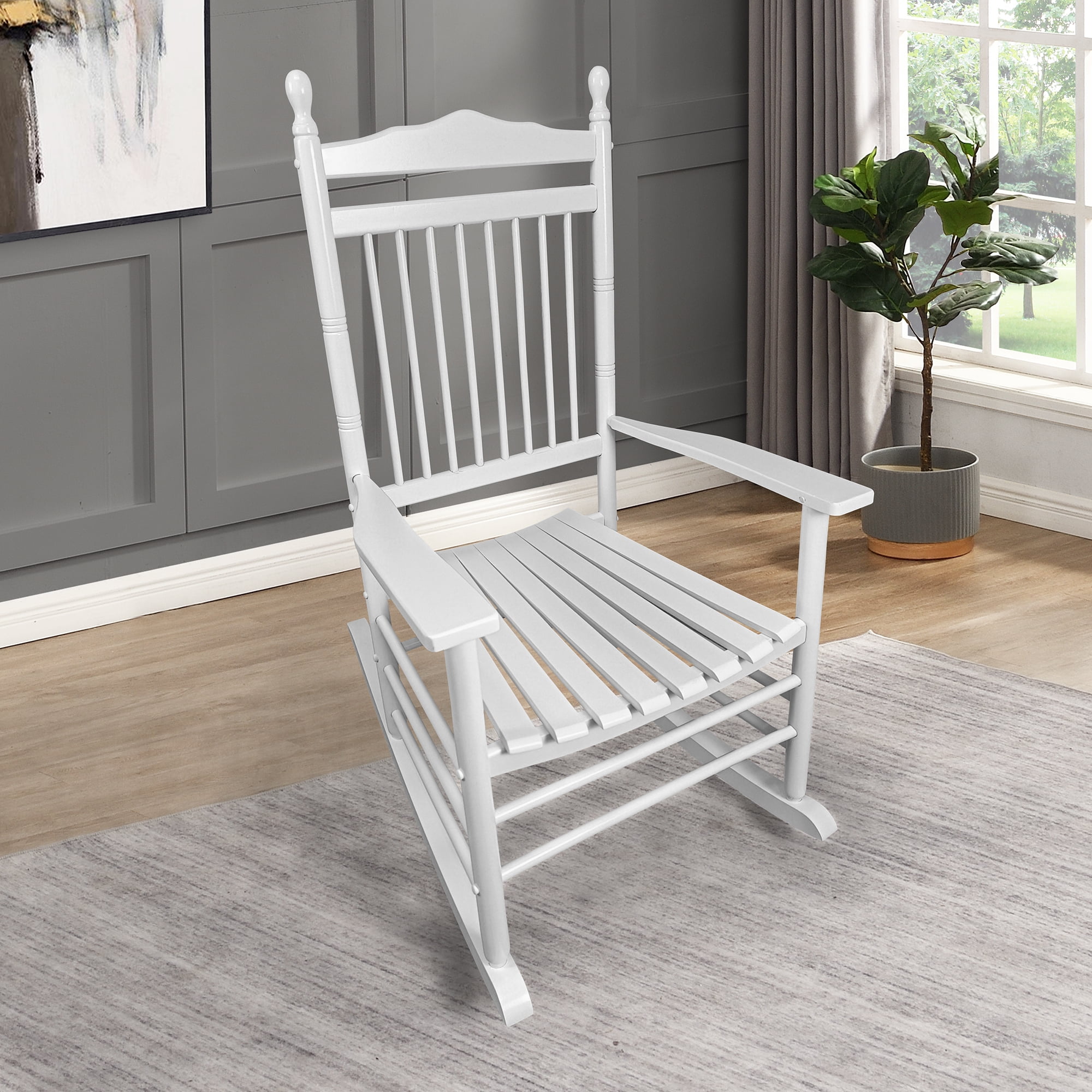 Adult Wooden Rocking Chair, Solid Hardwood Balcony Leisure Rocker for Patio Deck Garden, White