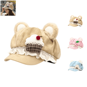 Adult Y2K Cutecore Kawaii Cat Ears Beret Hat, Strawberry Cake Suede Octagonal Cap, Sweet Lolita Lace Bow Newsboy Hat for Harajuku Casual Outfit-Khaki
