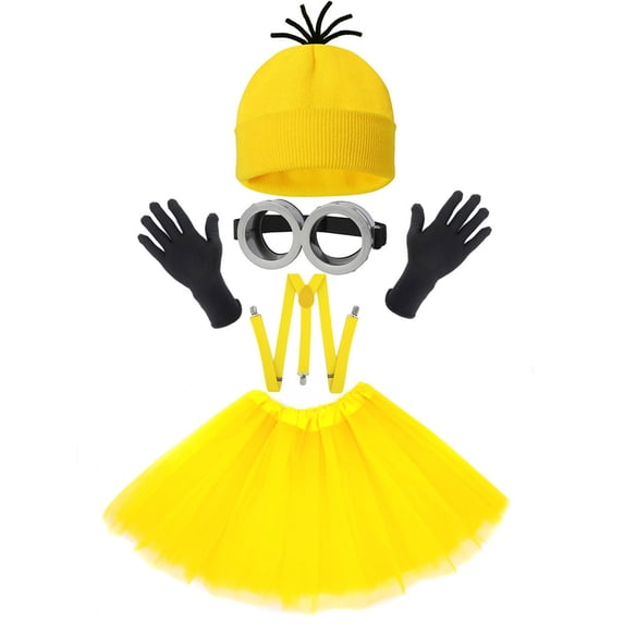 Adult Yellow Cartoon Costume Set, Knit Hat, Silver Goggles, Black Gloves, Suspenders and Tutu Skirt for Halloween