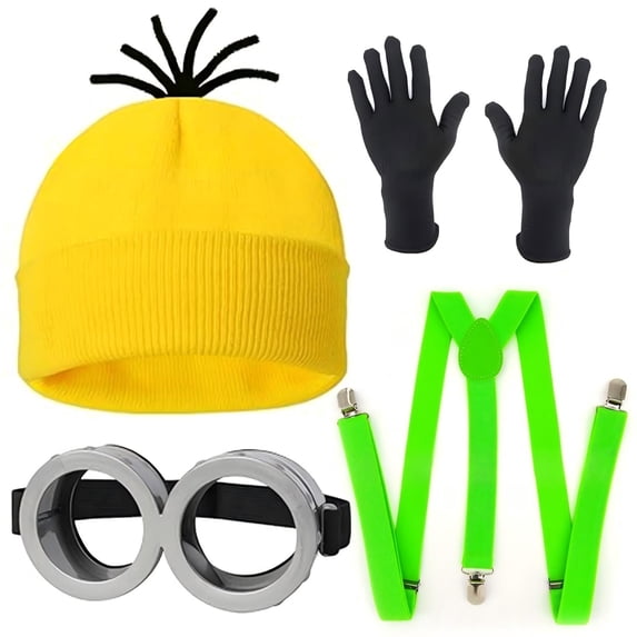 Adult Yellow Cartoon Worker Costume Set, Knit Hat, Silver Goggles, Black Gloves and Suspenders for Halloween