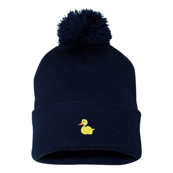 Adult Yellow Duck Embroidered Knit Beanie Pom Cap