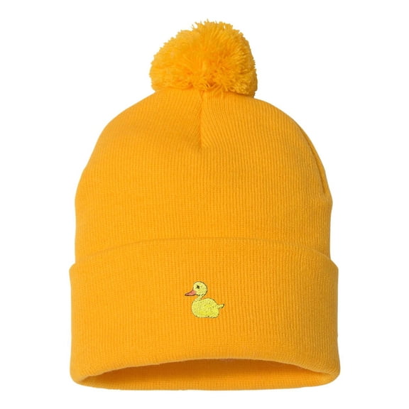 Adult Yellow Duck Embroidered Knit Beanie Pom Cap