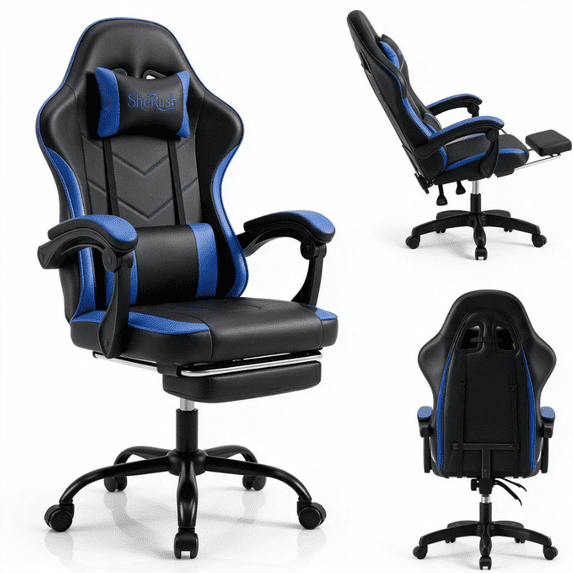 Adult gaming chair. Features an adjustable backrest and footrest, ergonomically designed.