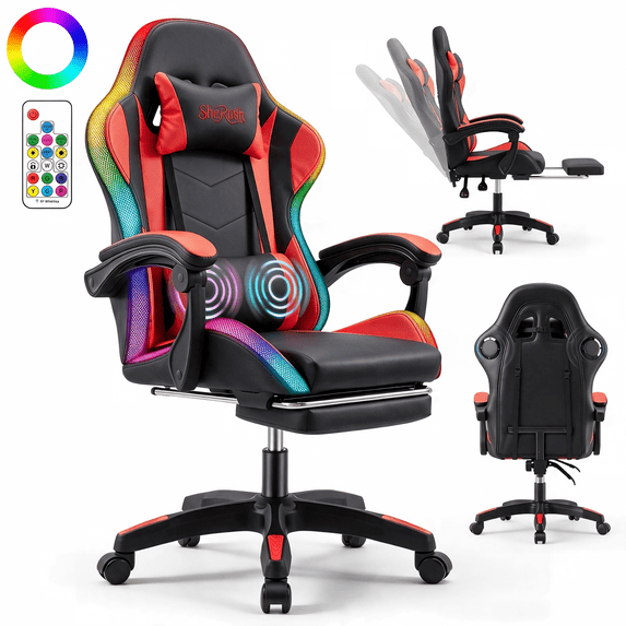 Adult gaming chair. Features an adjustable backrest and footrest, ergonomically designed.