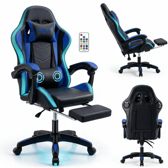 Adult gaming chair. Features an adjustable backrest and footrest, ergonomically designed.