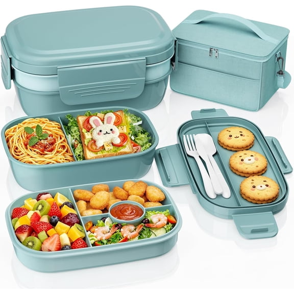 Adult lunch box set with lunch bag, 3-layer stackable leak-proof lunch container, BPA-free lunch box with built-in tableware, microwave oven and dishwasher safe to use, suitable for work