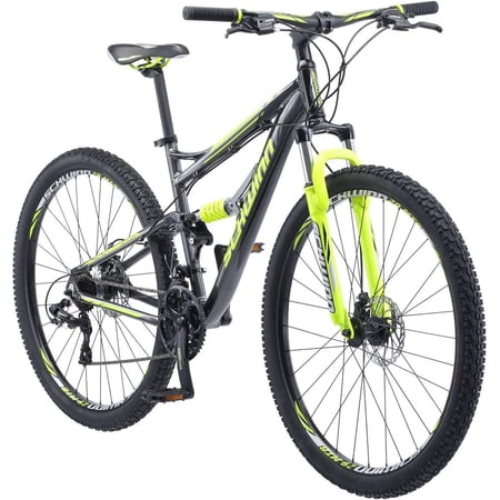 Adult men's and women's mountain bike, 29" wheels, full suspension, 24-speed drivetrain, trigger shifter, 18" aluminum frame, mechanical disc brakes, neon green