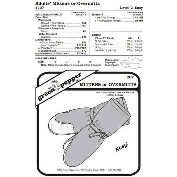 Adult's Overmitts Insulated Mittens #207 Sewing Pattern (Pattern Only)
