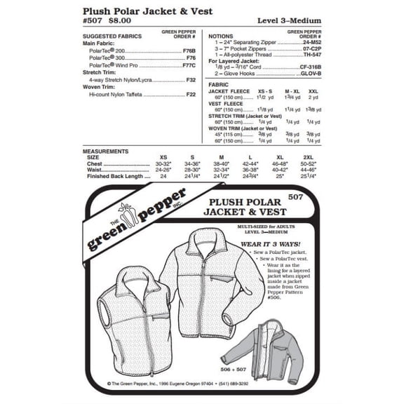 Adult's Plush Polar Jacket & Vest Coat Outerwear #507 Sewing Pattern (Pattern Only)
