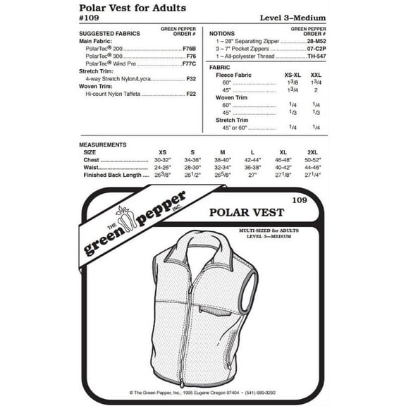 Adult's Polar Vest #109 Sewing Pattern (Pattern Only)
