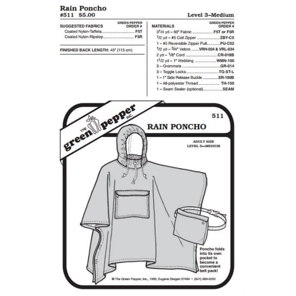Adult's Rain Poncho #511 Sewing Pattern (Pattern Only)