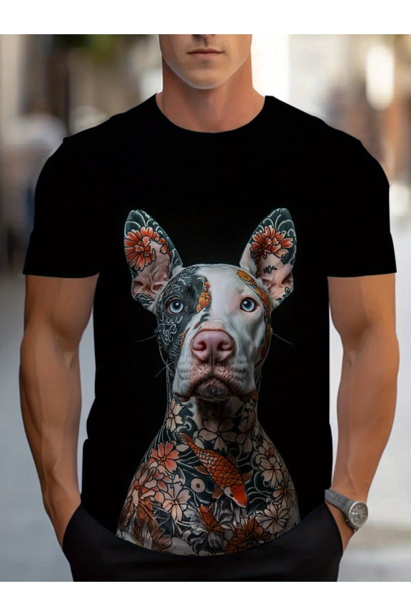 Adult short-sleeved T-shirt, printed with bright floral dog patterns, suitable for casual restaurant wear, made of soft fabric, black style, light and durable