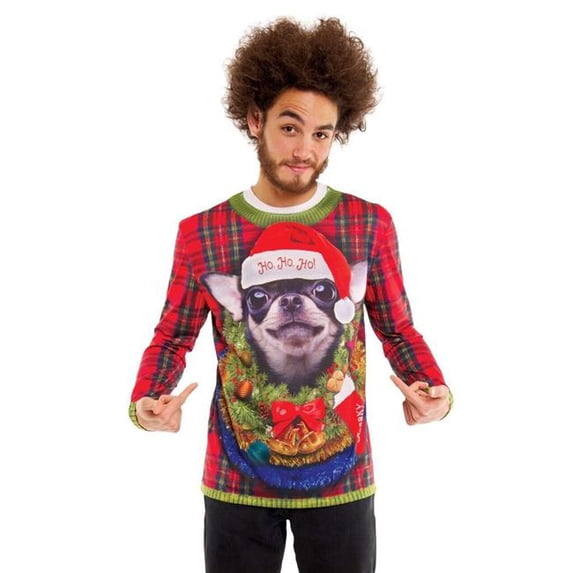 Faux Real Shirt F133892-M Mens Xmas Big Dog Long Sleeve Shirt, Red - Medium