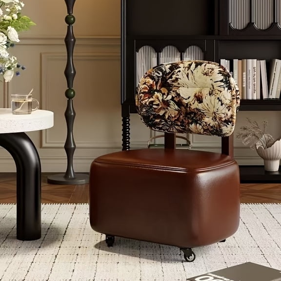 Adult-sized Compact Rolling Ottoman with Backrest and Swivel Casters for Home or Office, a Low Stool on Wheels
