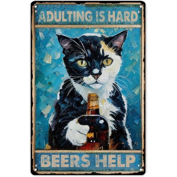 Adulting Is Hard Beers Helps Funny Black Cat Vintage Aluminum Tin Sign - Humorous Grown-Up Life Quote Decorative Metal Sign, 8x12 Inches, Funny Wall Decor for Home Bar, Man Cave Apartment