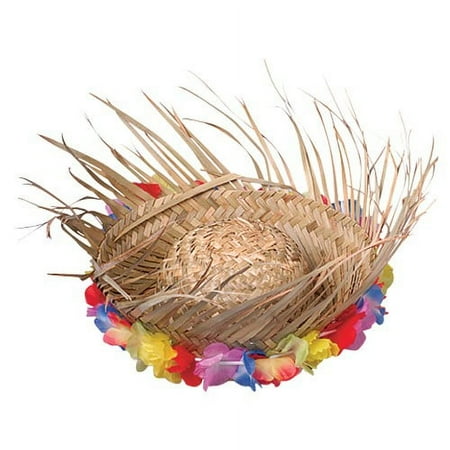 Adults Beach Beachcomber Straw Hat WithTropical Hawaiian Lei Costume Accessory