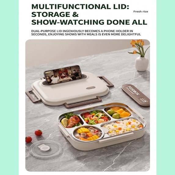 Adults Bento Lunch Box Set with Thermo Bag, 2800ML 316 Stainless Steel Bento Box, Leakproof 5-Compartment Lunch Box, Built-in Utensil and Sauce Container for Work, Dining Out
