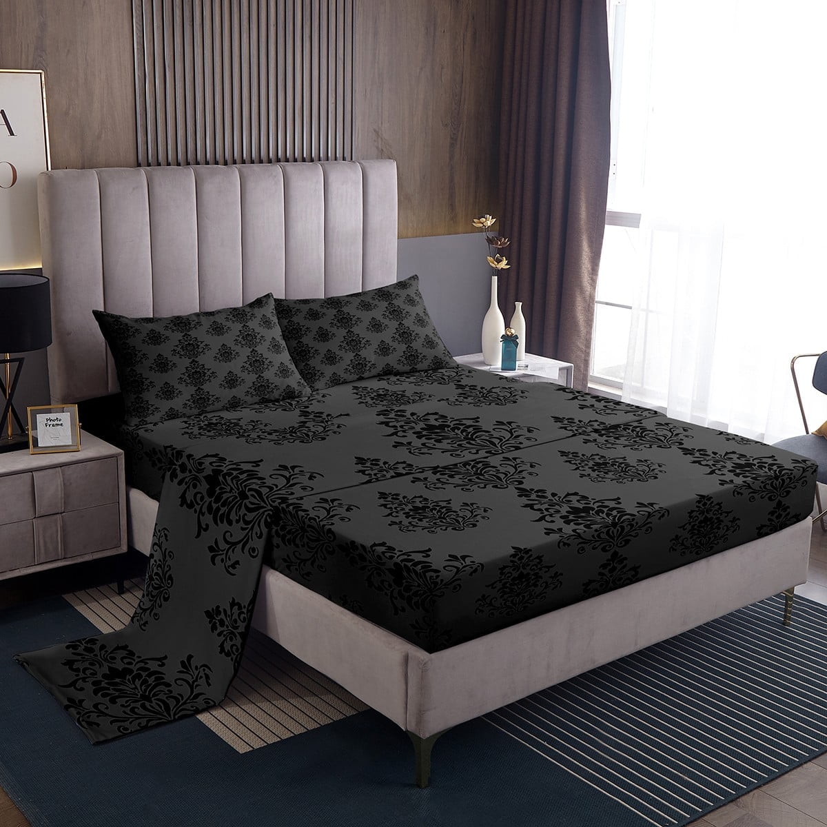 Adults Black Damask Bed Sheets Black Gothic Floral Sheets King Antique — free download