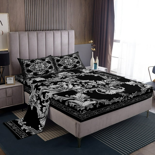 Adults Black Damask Bed Sheets Gothic Vintage Floral Sheets King
